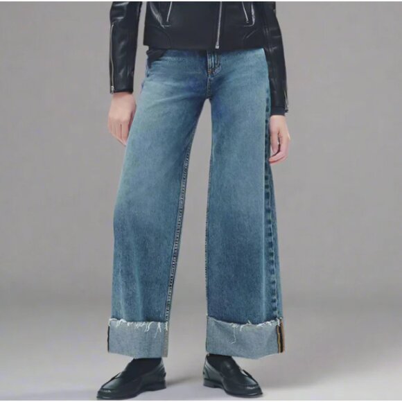 Rag Bone Sofie Crop Wide Leg Jeans Fold Over Hem Fray Womens 26 Blue High Rise - Picture 3 of 6